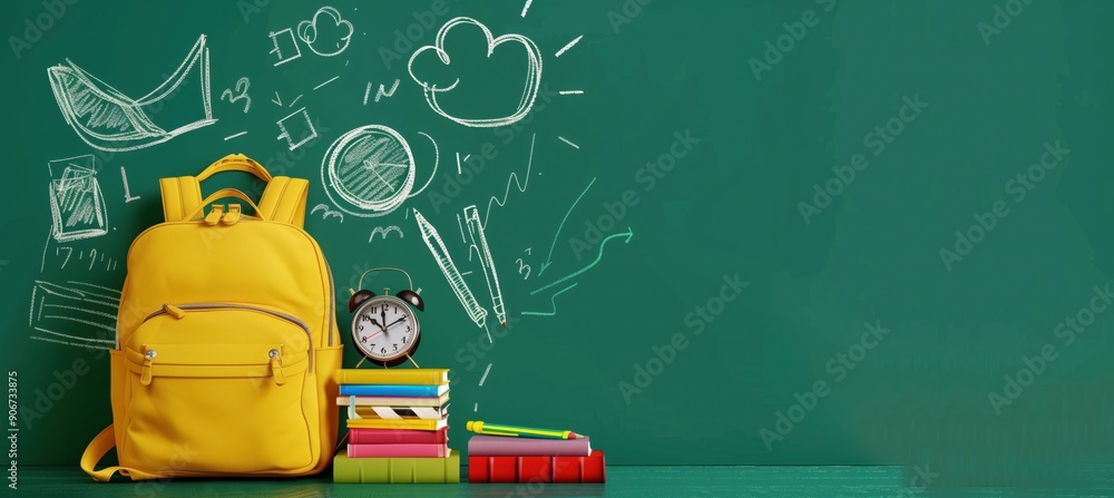Yellow school backpack with books and pencils on the background of a green school blackboard with space for your text Yellow school backpack with books and pencils on the background of a green school blackboard with space for your text