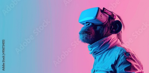 Virtual reality concept technology background of an ape with VR glasses on the right and space for copytext on the  left. Background is in soft pastel colors of pink and blue gradient.
