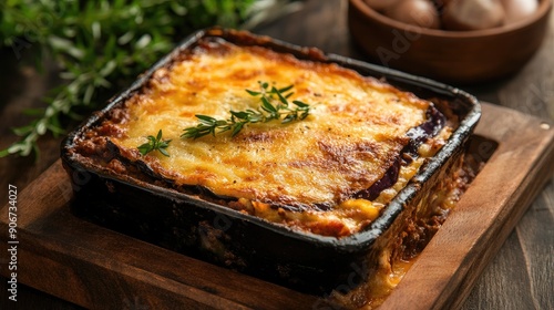 Traditional Greek moussaka with layers of eggplant, ground meat, and chamel sauce. photo