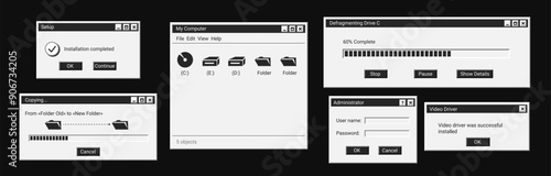 Set of digital message in black style. Old dark computer windows. Retro explorer on screen.