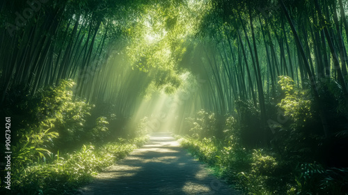 Sun rays illuminating a path in a lush green bamboo forest