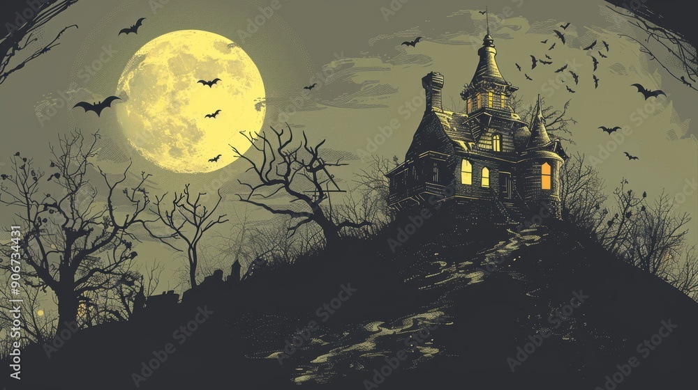 Fototapeta premium An old, spooky house on top of a hill with a full moon