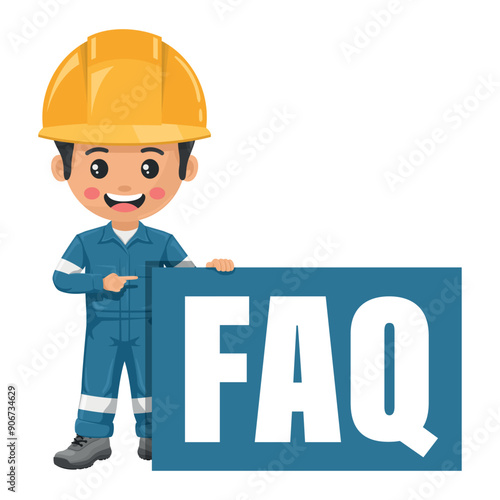 Industrial mechanic worker withwith giant FAQ letters. Frequently asked questions. Engineer with his coverall and personal protective equipment. Industrial safety and occupational health at work