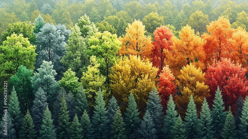 Beautiful photograph of a forest transitioning from lush green summer to vibrant autumn foliage, emphasizing the impact of climate change on seasonal shifts and natural habitats. high resolution Beautiful photograph of a forest transitioning from lush green summer to vibrant autumn foliage, emphasizing the impact of climate change on seasonal shifts and natural habitats. high resolution