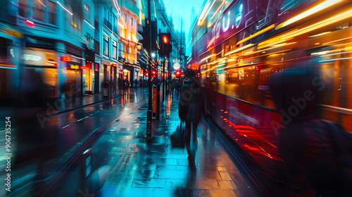 Dynamic Motion Blur of a Bustling London Street Scene. Capturing the Energy and Flow of Urban Life with Neon Lights and Flickering Signs. Business and Technology in Downtown. photo