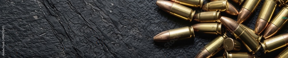 Brass gun bullets scattered on a black surface. Free copy space for text. Brass gun bullets scattered on a black surface. Free copy space for text.