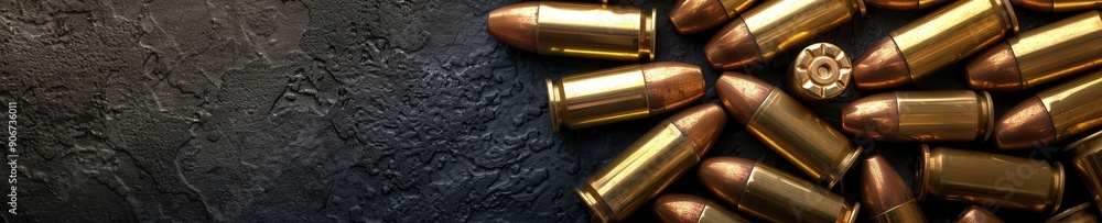 Brass gun bullets scattered on a black surface. Free copy space for text. Brass gun bullets scattered on a black surface. Free copy space for text.