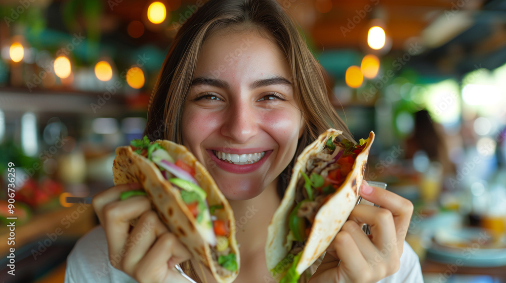 Laughing woman holding overstuffed tacos Laughing woman holding overstuffed tacos