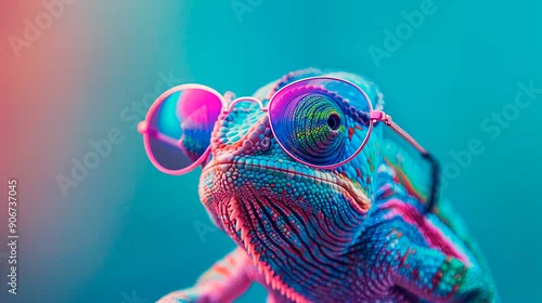 Obraz a chameleon wearing sunglasses in front of a colorful background