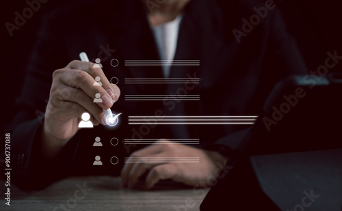 Canvastavla Human Resource Management (HR) concept: a businessman uses an interface for recruitment, leadership development, strategic customer targeting, company positions with precision and efficiency