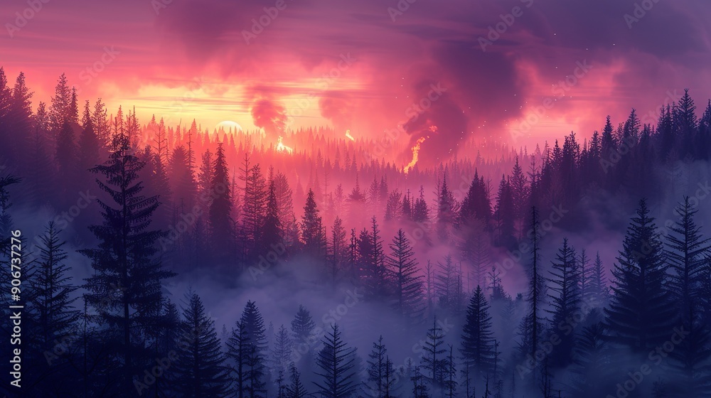 Captivating image of a forest at dawn with fog and distant smoke from wildfires, emphasizing the delicate balance of nature amidst increasing climate challenges. high resolution Illustration, in the Captivating image of a forest at dawn with fog and distant smoke from wildfires, emphasizing the delicate balance of nature amidst increasing climate challenges. high resolution Illustration, in the