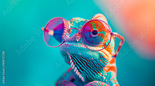 a chameleon wearing sunglasses in front of a colorful background