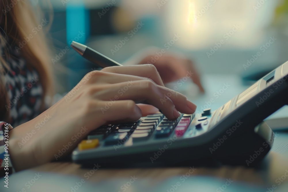 The hands of a manager calculate with a calculator in the office The hands of a manager calculate with a calculator in the office