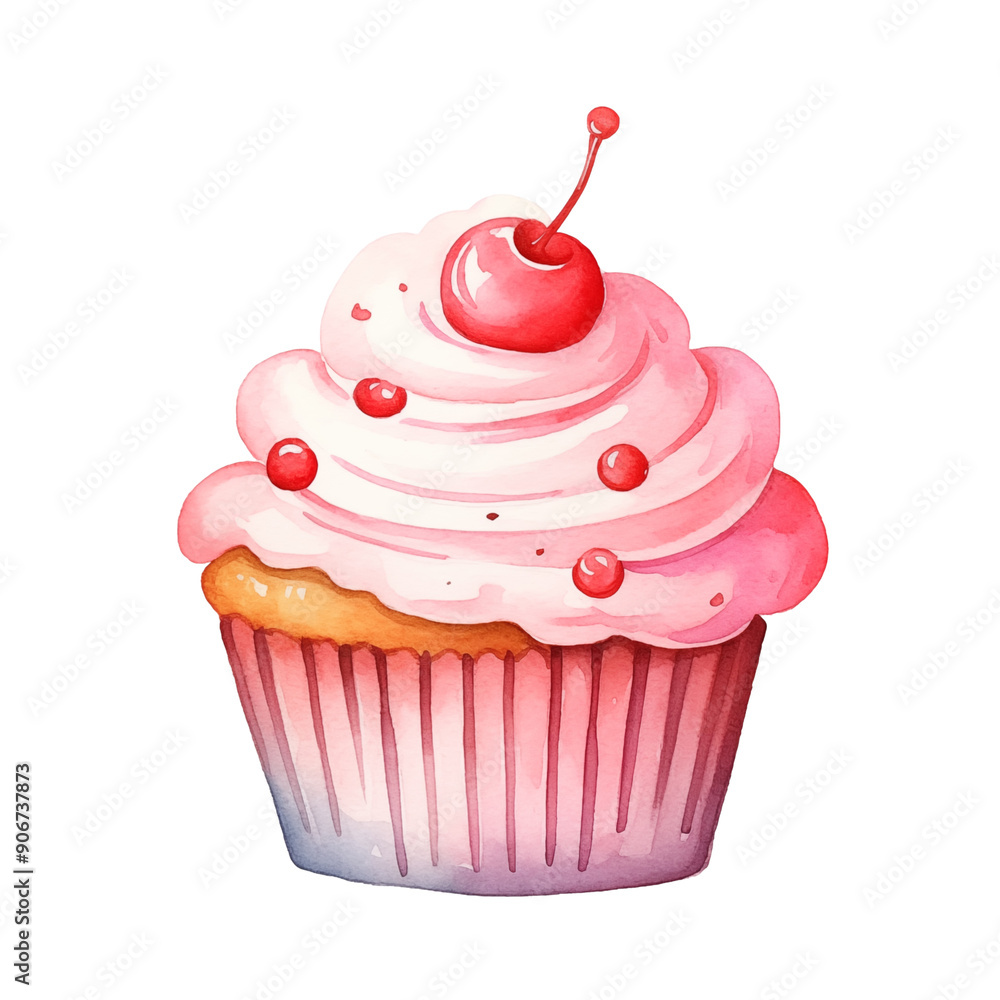 Watercolor cupcake with cherry isolated on white background. Watercolor cupcake with cherry isolated on white background.
