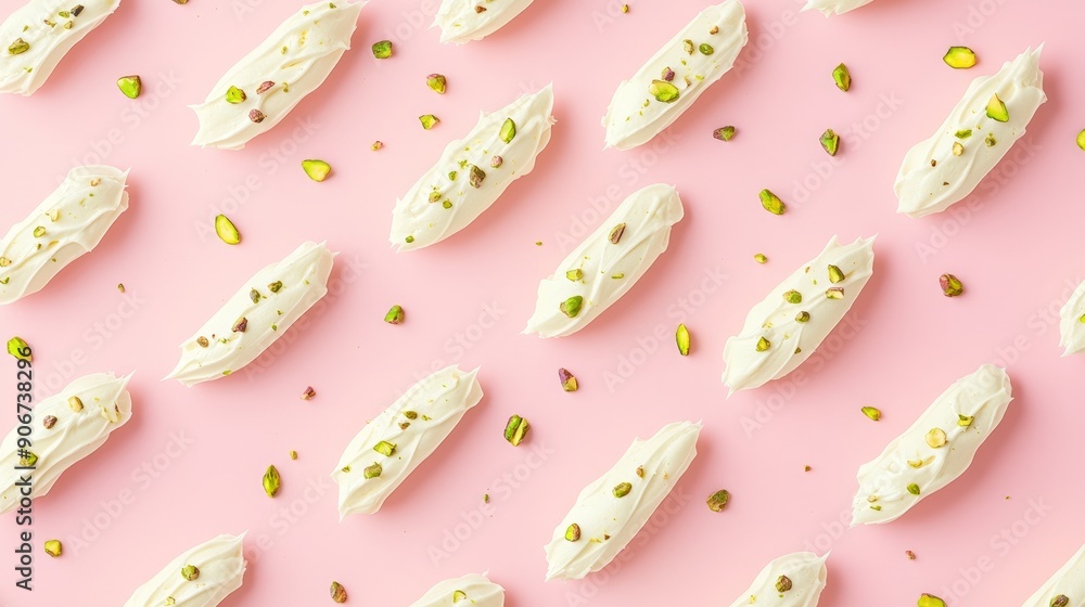 Eclairs filled with chocolate and pistachio cream viewed from above. An image of French desserts. Eclairs filled with chocolate and pistachio cream viewed from above. An image of French desserts.