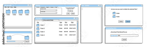 Set of old window for operating system on blue color. Digital loading bar. Retro explorer for computer.