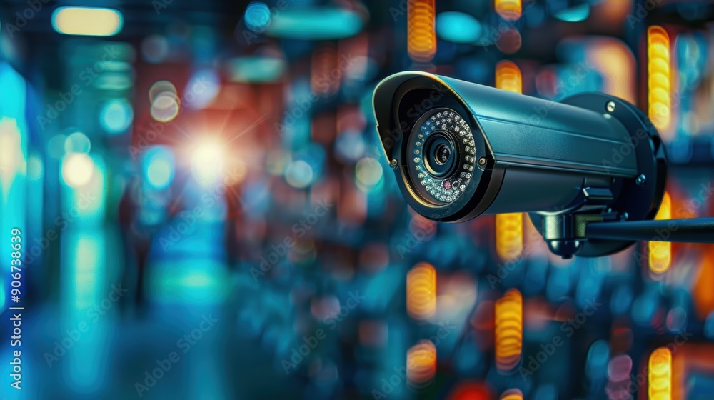 A camera is pointed at a building with a blurry background. The camera is black and has a red light on it A camera is pointed at a building with a blurry background. The camera is black and has a red light on it