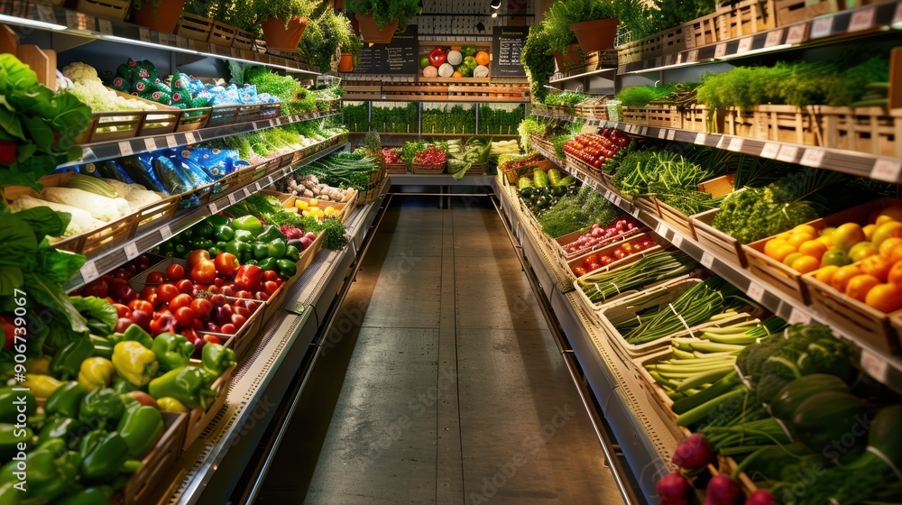 Fototapeta premium A grocery store with aisles full of fresh produce. Scene is bright and cheerful, as the produce is colorful and abundant