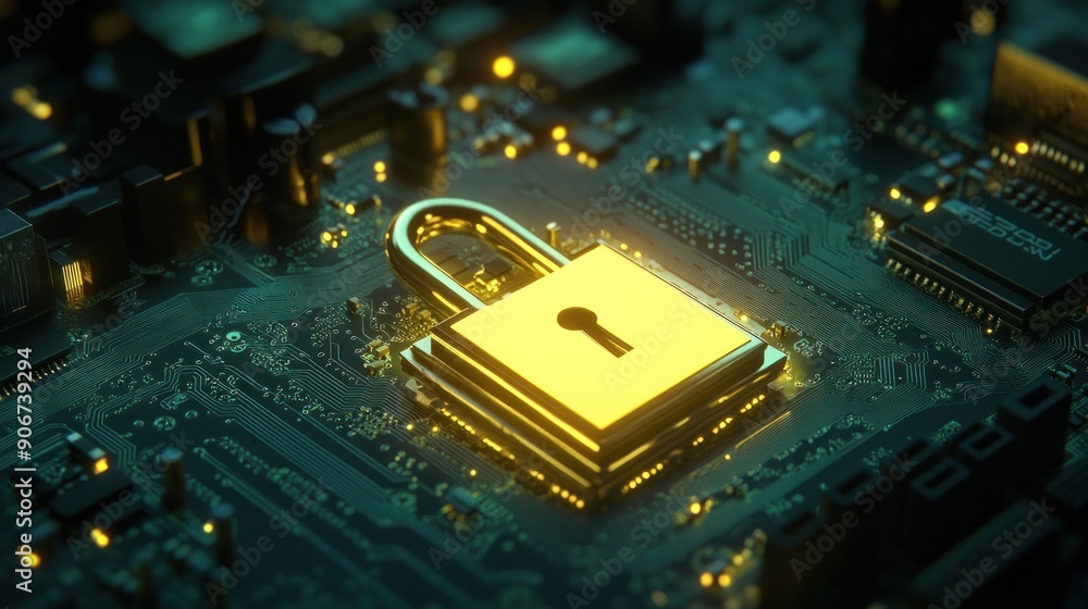 digital padlock symbol on the circuit board that lights up digital padlock symbol on the circuit board that lights up