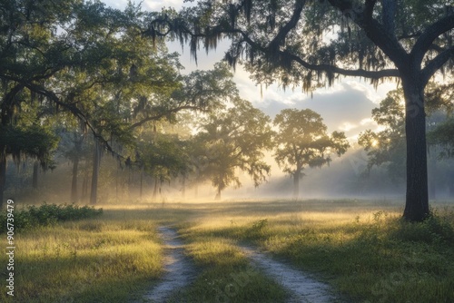 Sunbeams Filtering Through a Misty Forest Path