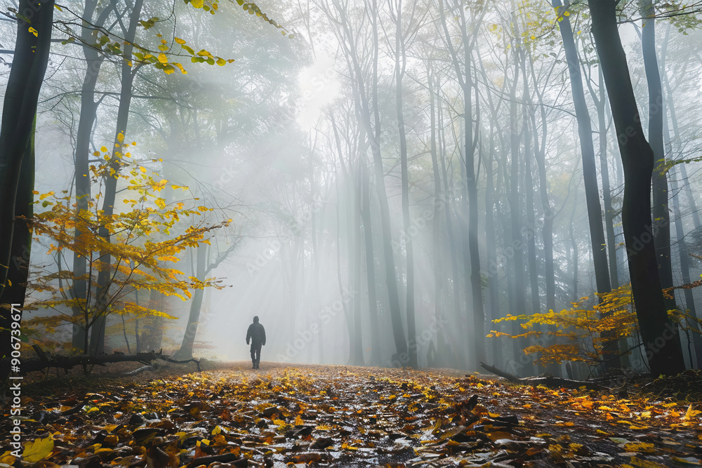 Obraz premium Man walking on misty forest path in autumn