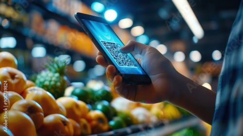 A person is holding a smartphone in a grocery store, scanning a QR code on a piece of fruit photo