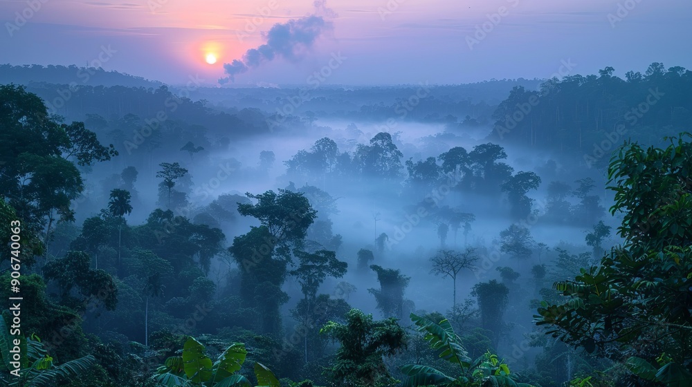 Obraz premium Mesmerizing photograph of a forest at dawn with fog and distant smoke, capturing the impact of climate change on natural habitats and the delicate balance of nature. high resolution Illustration, in