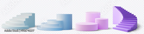 3D illustration of various pastel-colored podiums and staircases, ideal for product display and presentation on a transparent background. Vector illustration