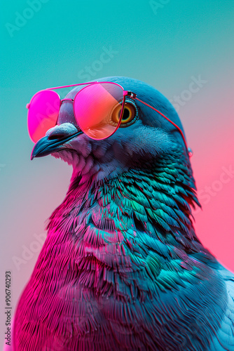 a pigeon wearing sunglasses in front of a colorful background photo