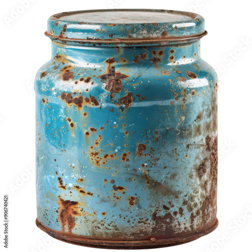 A blue jar with rusted edges sits on a white background. The jar appears to be old and worn, with a vintage feel. The rusted edges give it a sense of history and character