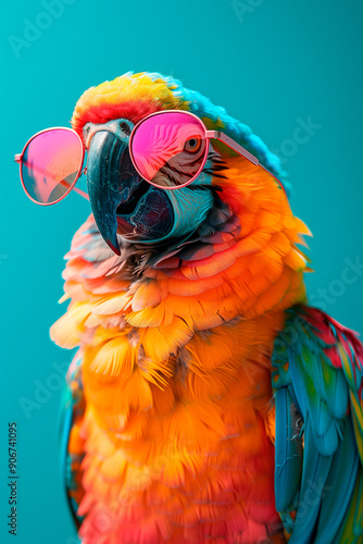 a parrot wearing sunglasses in front of a colorful background photo