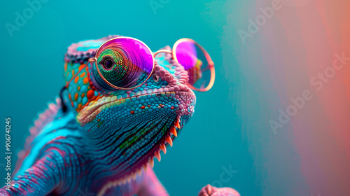 a chameleon wearing sunglasses in front of a colorful background