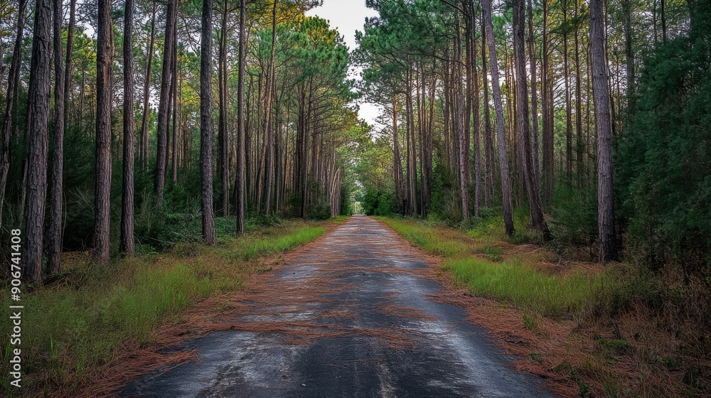 Naklejka premium Forgotten Path: Eerie Abandoned Road in Dense Pine Forest - Concept of Mystery and Neglect