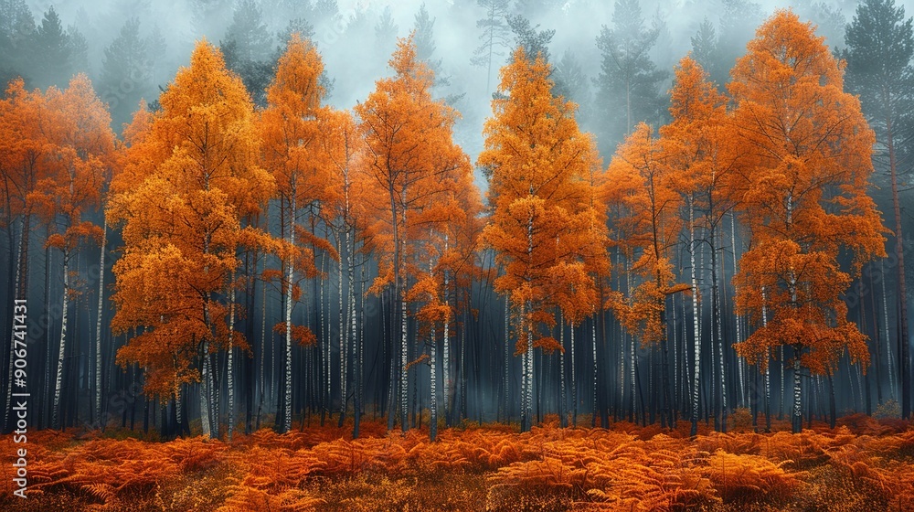 Stunning photograph of a forest in autumn with vibrant foliage and a backdrop of smoke, reflecting the effects of climate change on seasonal shifts and the urgent need for environmental protection. Stunning photograph of a forest in autumn with vibrant foliage and a backdrop of smoke, reflecting the effects of climate change on seasonal shifts and the urgent need for environmental protection.