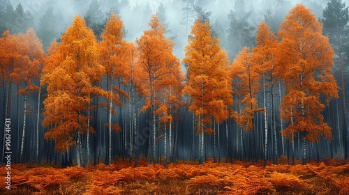 Stunning photograph of a forest in autumn with vibrant foliage and a backdrop of smoke, reflecting the effects of climate change on seasonal shifts and the urgent need for environmental protection.