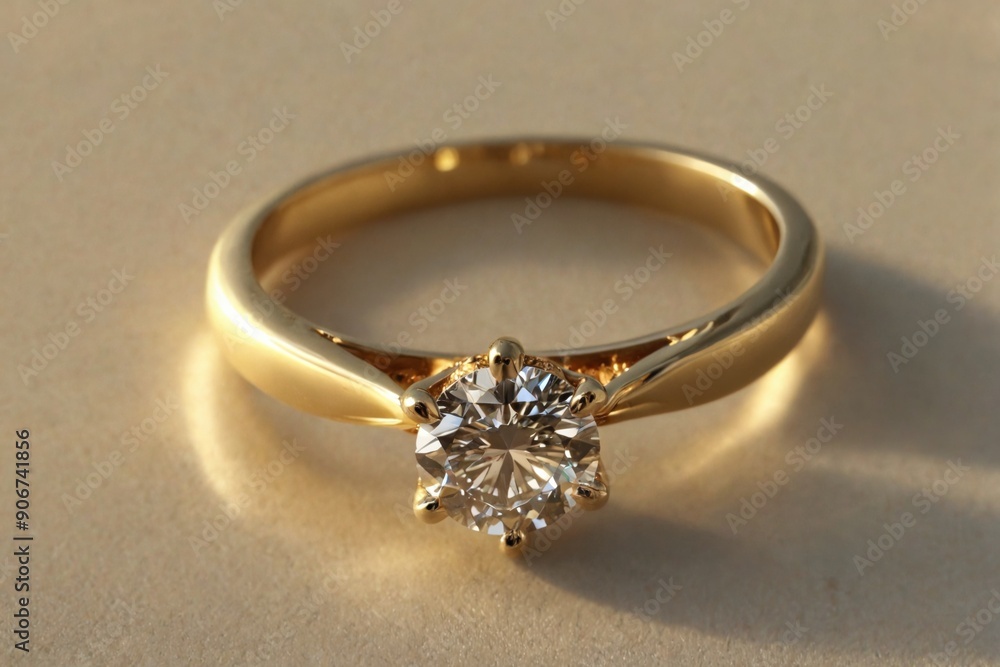 Close-up gold ring round diamond center set prong A close-up sho Close-up gold ring round diamond center set prong A close-up sho