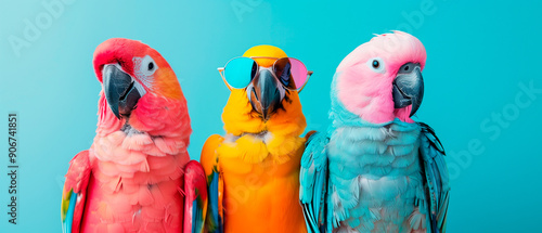 three parrots wearing sunglasses in front of a colorful background photo