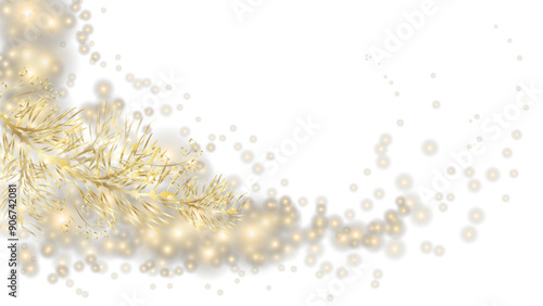 Golden luxury glitter background. Festive vector background with spruce, snowflake, gold, star and confetti for celebration. Black background with glowing golden particles.
