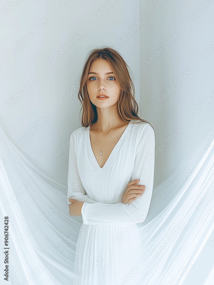 woman with blue eyes standing in white dress, studio, minimalism woman with blue eyes standing in white dress, studio, minimalism