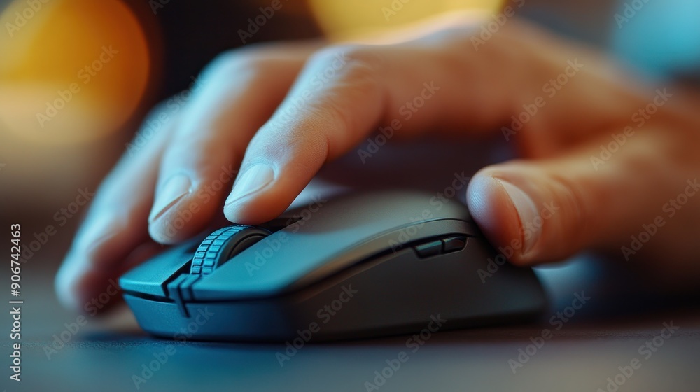 Close-up of a left-handed person using a computer mouse with their left hand. The mouse is sleek and modern, with the hand prominently featured in the center of the image. The background is blurred Close-up of a left-handed person using a computer mouse with their left hand. The mouse is sleek and modern, with the hand prominently featured in the center of the image. The background is blurred