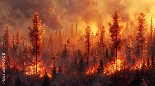 Dynamic photograph of a forest in autumn with fiery leaves and a backdrop of smoky haze, reflecting the impact of climate change on seasonal transitions and the importance of conservation. high