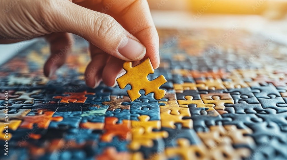 A left-handed person assembling a puzzle on a table, with their left hand placed on a puzzle piece. The scene is set in a well-lit room with plenty of copy space around the puzzle and the hand. A left-handed person assembling a puzzle on a table, with their left hand placed on a puzzle piece. The scene is set in a well-lit room with plenty of copy space around the puzzle and the hand.