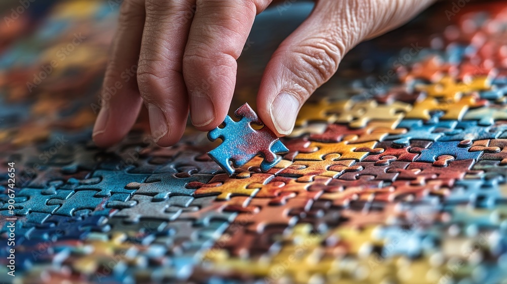 A left-handed person assembling a puzzle on a table, with their left hand placed on a puzzle piece. The scene is set in a well-lit room with plenty of copy space around the puzzle and the hand. A left-handed person assembling a puzzle on a table, with their left hand placed on a puzzle piece. The scene is set in a well-lit room with plenty of copy space around the puzzle and the hand.