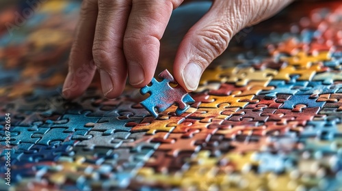 A left-handed person assembling a puzzle on a table, with their left hand placed on a puzzle piece. The scene is set in a well-lit room with plenty of copy space around the puzzle and the hand.