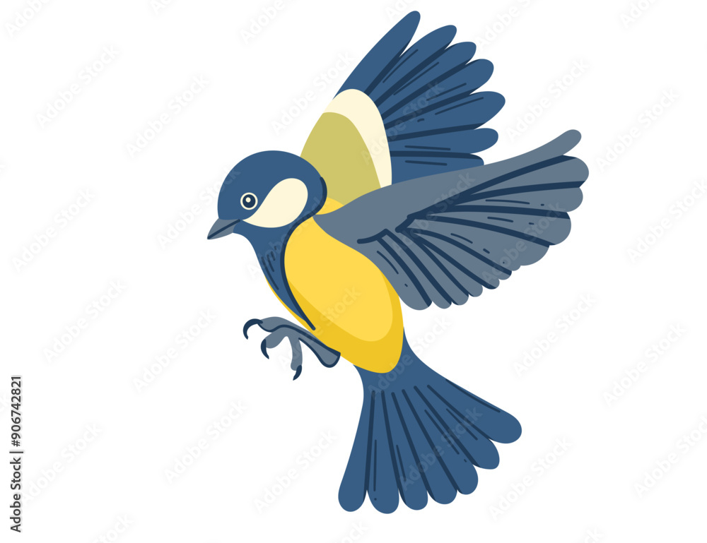 Naklejka premium Cute tit bird. Cartoon animal design, stylized bird with blue and yellow feathers. Vector illustration isolated on white background