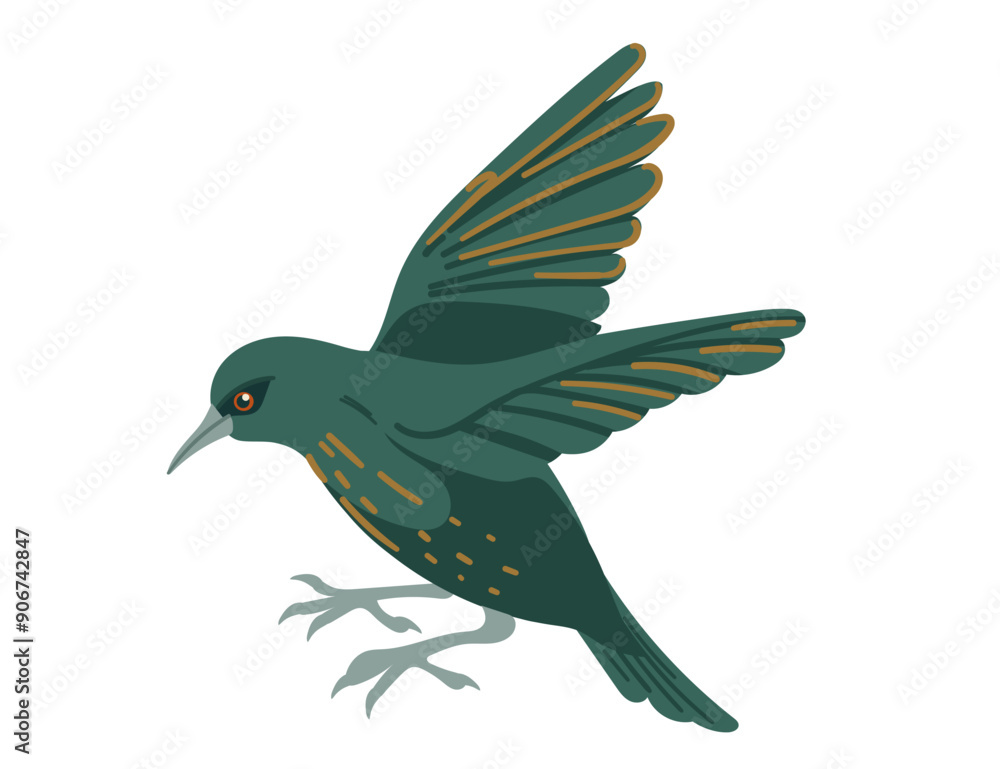 Cute starling bird in flight. Cartoon animal design, stylized bird with dark green feathers and light spots. Vector illustration isolated on white background Cute starling bird in flight. Cartoon animal design, stylized bird with dark green feathers and light spots. Vector illustration isolated on white background