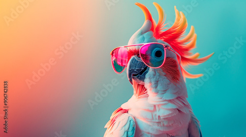 a cackatoo wearing sunglasses in front of a colorful background