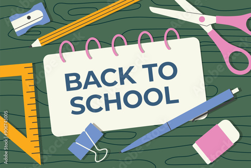 back to school written on spiral notebook, flat lay composition with pencil, pen, setsquare, scissors, clip, shapener, eraser on wooden desk- vector illustration