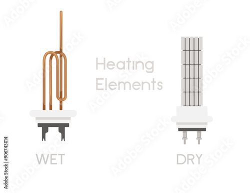Set of various heating elements used in water heaters. Wet and dry heater element with label title. Bent copper tube. Vector illustration isolated on white background