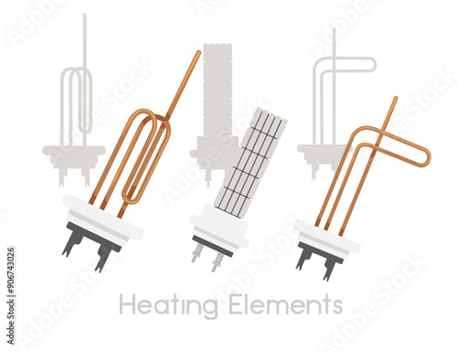 Set of various heating elements used in water heaters. Wet and dry heater element. Bent copper tube. Vector illustration isolated on white background